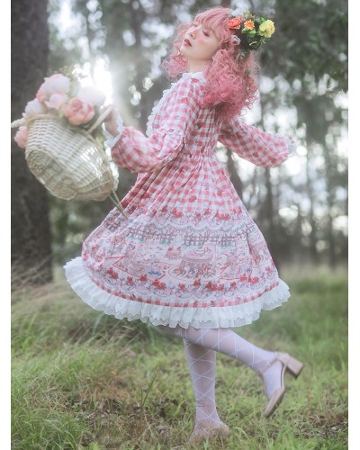 Women Lolita OP Dress Infanta Fairytale Floral Print Cherry Red Pleated Lolita One Piece Dresses Sweet Fall Daily Casual