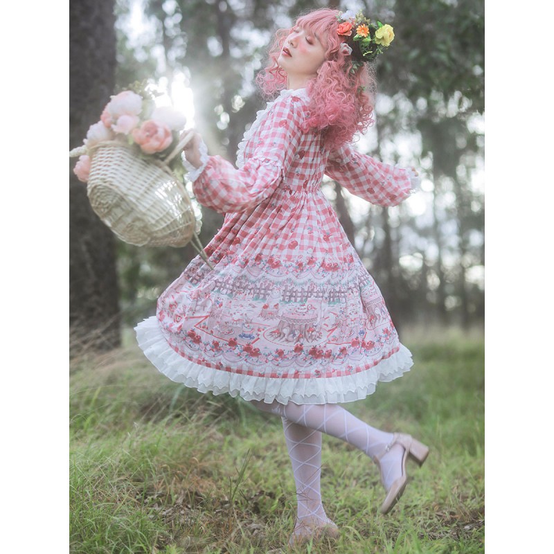 Women Lolita OP Dress Infanta Fairytale Floral Print Cherry Red Pleated Lolita One Piece Dresses Sweet Fall Daily Casual