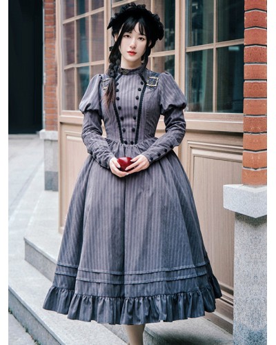 Classical Lolita Dress Polyester Long Sleeves Stripes Lolita Dresses Classic Gray