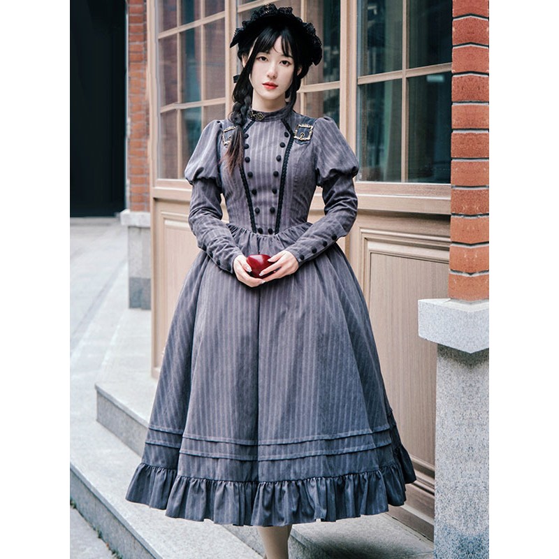 Classical Lolita Dress Polyester Long Sleeves Stripes Lolita Dresses Classic Gray