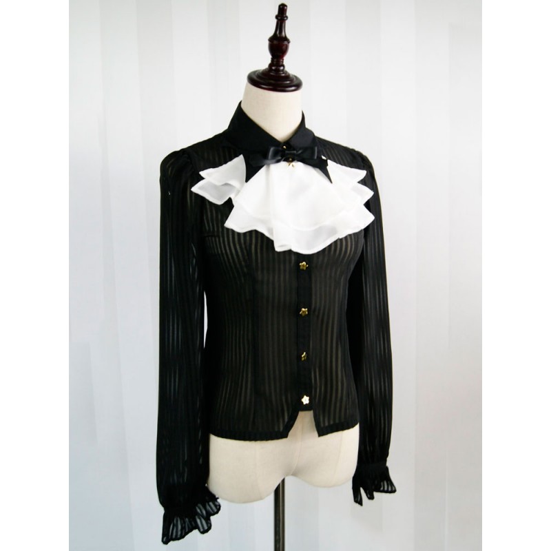 Lolita Blouses Long Sleeve Chiffon Two Tone Pleated Turndown Collar Black Lolita Top Tops Gothic Daily Casual