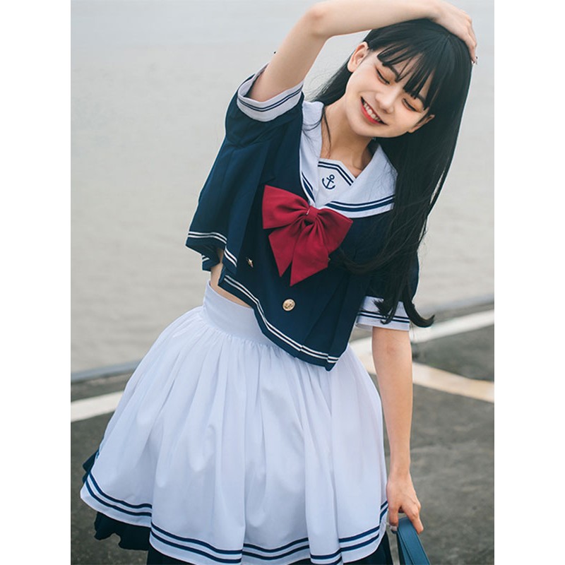 Navy Style Lolita Outfits Blue Bows Short Sleeves Top Skirt Sets Navy Style Daily Casual Tea Party