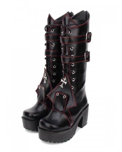 Gothic Lolita Boots Grommet Cross Lace Up Buckle Platform Chunky High Heel Black Lolita Shoes Punk