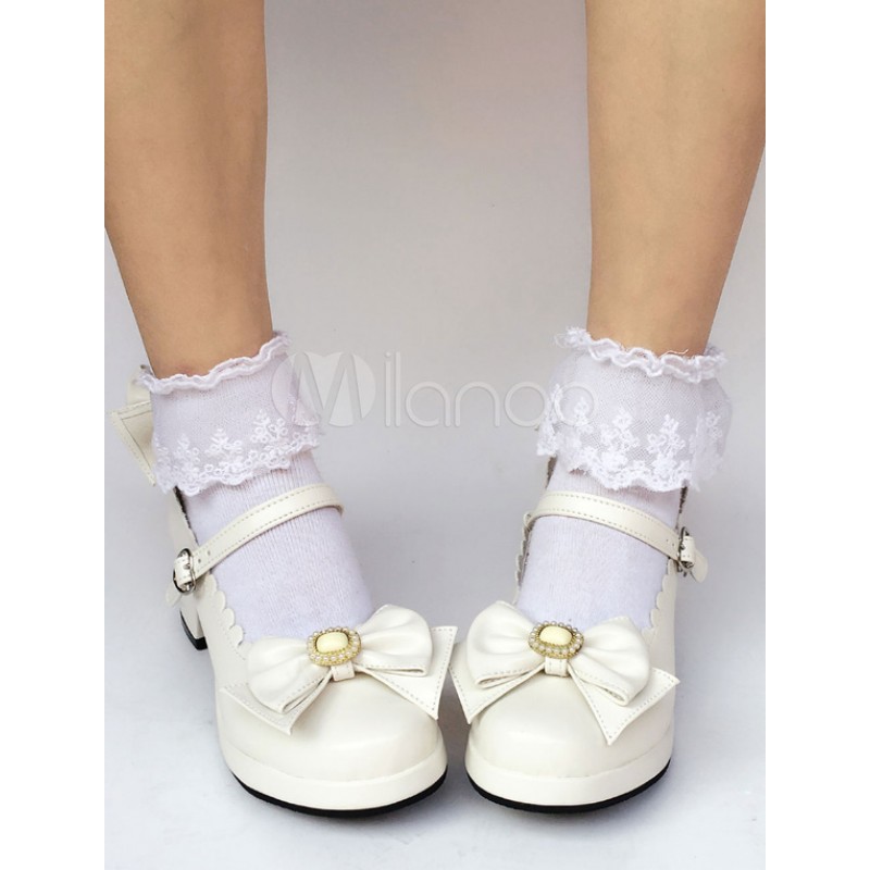 Sweet Lolita Shoes White Bow Round Toe Lolita Pumps