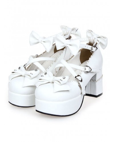 White Chunky Heels Lolita Shoes Square Heels Ankle Strap Bows Heart Shape Buckles