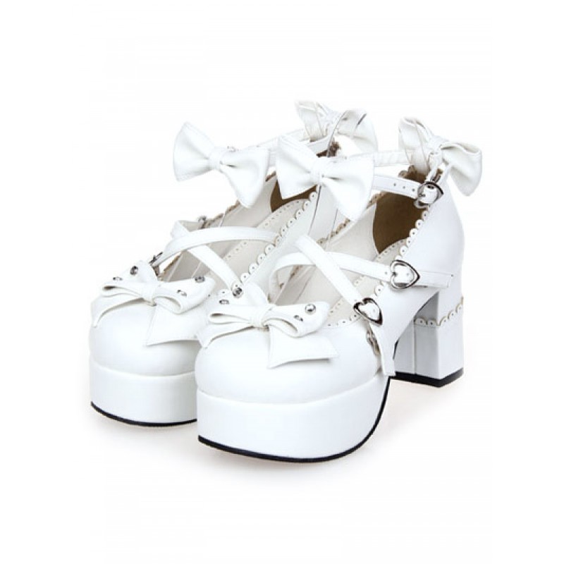 White Chunky Heels Lolita Shoes Square Heels Ankle Strap Bows Heart Shape Buckles