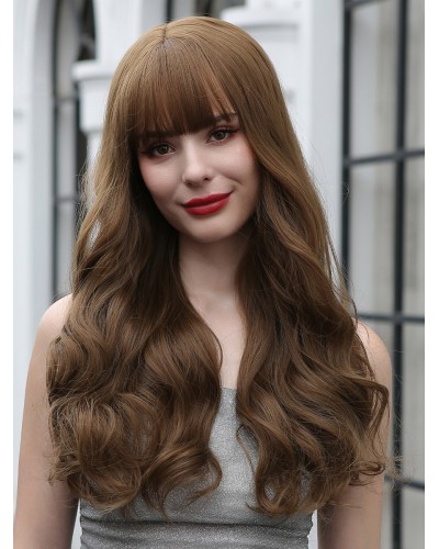 Women Curly Wigs Coffee Brown With Bangs Layered Long Wig Feminine Elegant Casual