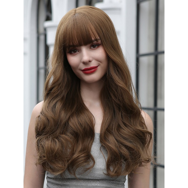 Women Curly Wigs Coffee Brown With Bangs Layered Long Wig Feminine Elegant Casual