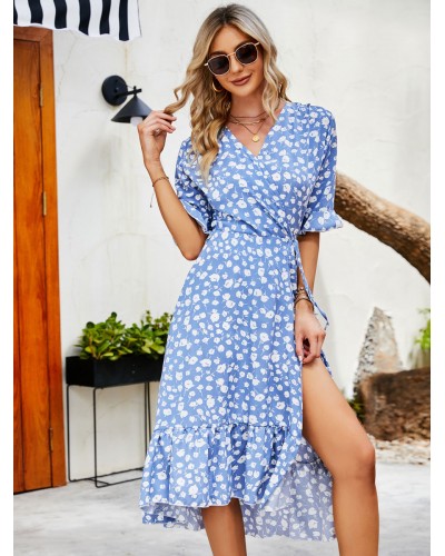 Women Dress Blue Floral Print Chiffon Beach Dress Summer