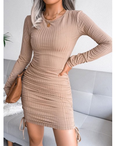 Bodycon Dresses Khaki Jewel Neck Lace Up Long Sleeves Pencil Dress Sexy Spring Fall