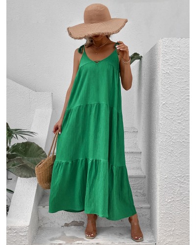 Women Shift Dresses Green V-Neck Lace Up Polyester Oversized Adult's Modern Tunic Dress Casual Bohemian Summer