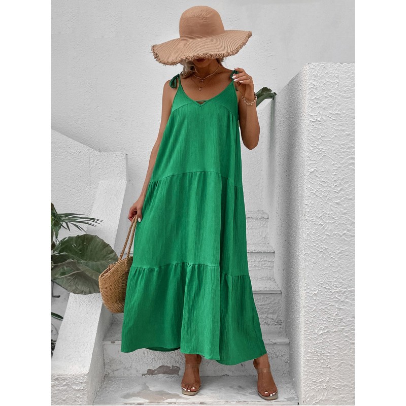 Women Shift Dresses Green V-Neck Lace Up Polyester Oversized Adult's Modern Tunic Dress Casual Bohemian Summer