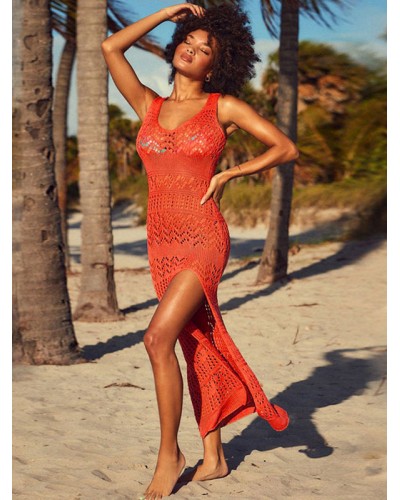 Women Orange Red Cut Out V-Neck Sleeveless Sheer Beach Swimwear Cover Ups Summer