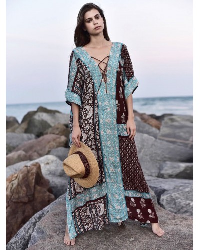 Women Light Sky Blue Printed Lace Up V-Neck Half Sleeves High-slit Sexy Swimwear Cover Ups Summer