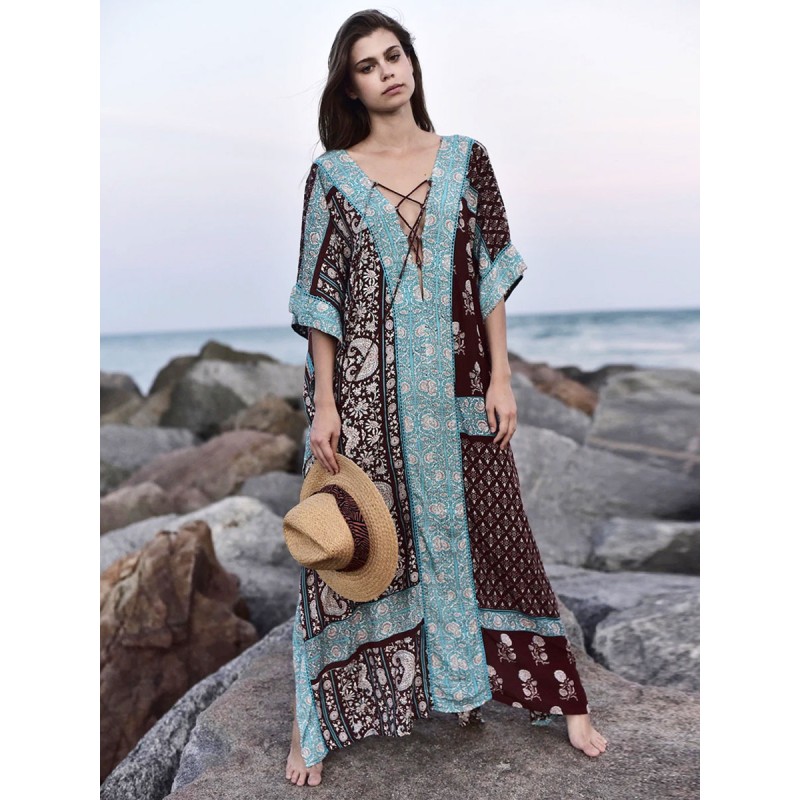 Women Light Sky Blue Printed Lace Up V-Neck Half Sleeves High-slit Sexy Swimwear Cover Ups Summer