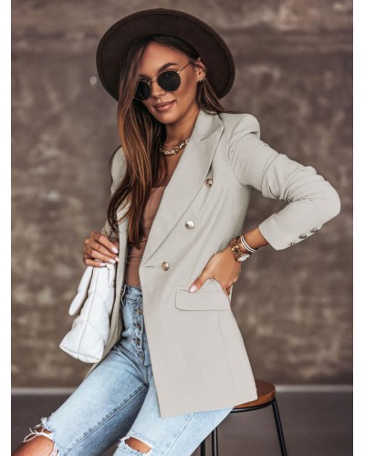 Women Blazer Jacket White Solid Color Turndown Collar Double Breasted Slim Fit Spring Fall Chic Street Outerwear Classic  Traditional Street Wear Field Office  Career