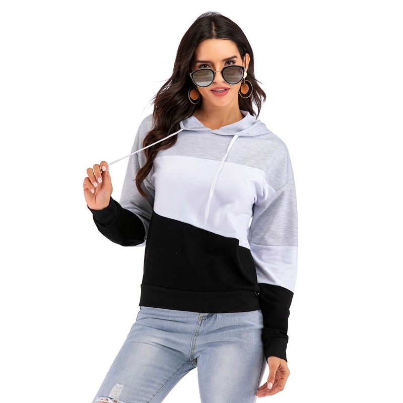 Women Hoodie Grey Long Sleeves Color Block Cotton Classic Winter Hooded Sweatshirt Cozy Active Outerwear