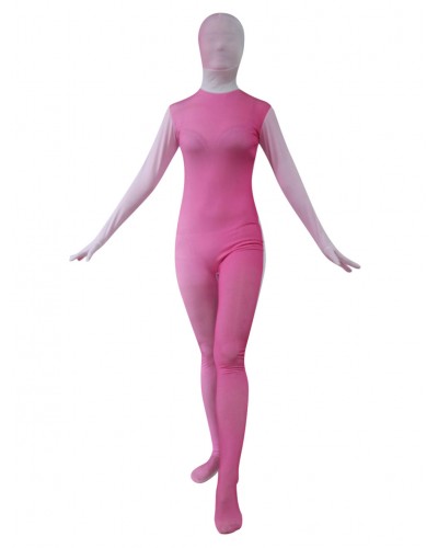 Women Pink Split Color Zentai Suit Full Body Lycra Spandex Bodysuit For Leotard