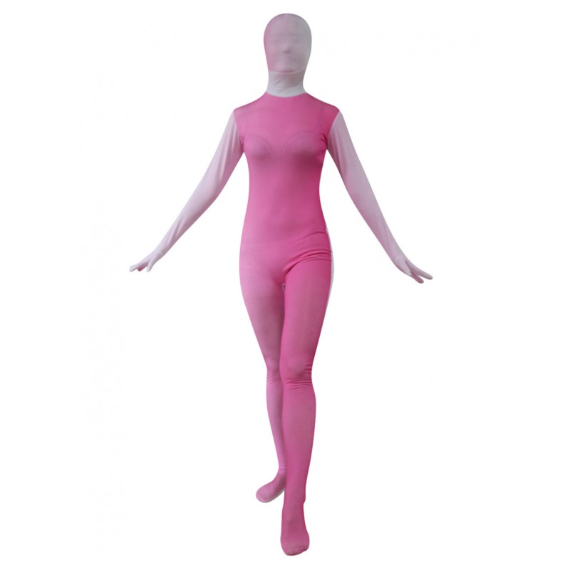 Women Pink Split Color Zentai Suit Full Body Lycra Spandex Bodysuit For Leotard