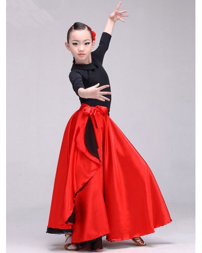 Kids Flamenco Dance Dress Paso Doble Costumes Red Long Spanish Skirt Carnival Performance