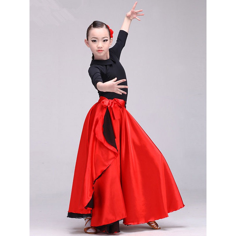 Kids Flamenco Dance Dress Paso Doble Costumes Red Long Spanish Skirt Carnival Performance