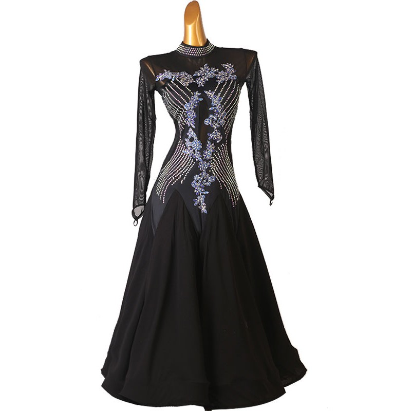 Women Ballroom Dance Costumes Black 's Polyester Floral Print Rhinestones Dress Dancer Dance Dress Bodycon Sexy