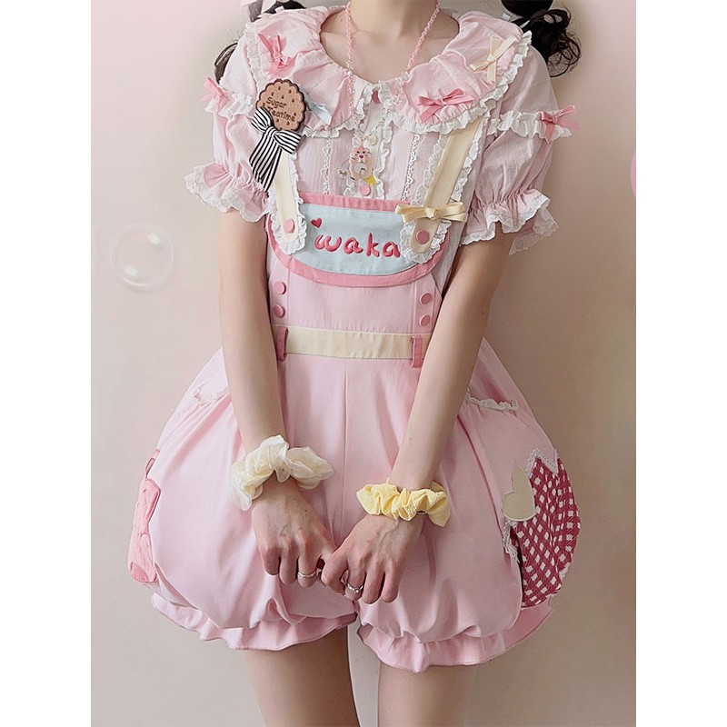 Lolita Outfits Pink Short Sleeves Jumpsuit Top Sweet