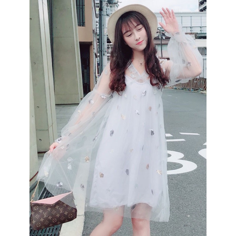 Lolita Outfit Blue Ocean Ruffle Sequin Lolita Jumper Skirt Dress With Tulle Overskirt Sets Sweet Daily Casual