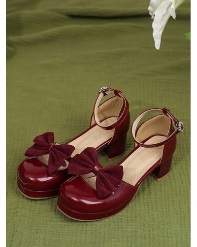 Academic Lolita Sandals Bows Round Toe PU Leather Burgundy Lolita Summer Shoes