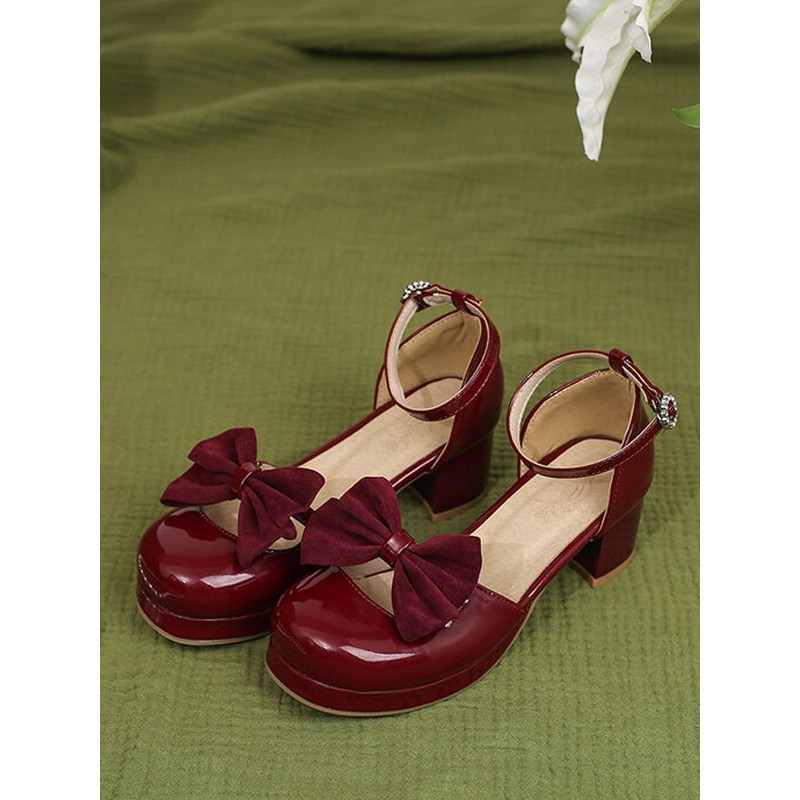 Academic Lolita Sandals Bows Round Toe PU Leather Burgundy Lolita Summer Shoes