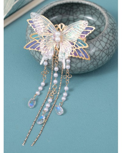 Chinese Style Lolita Accessories Lilac Butterfly Pearls Chains Metal Accessory Miscellaneous Chinese Style