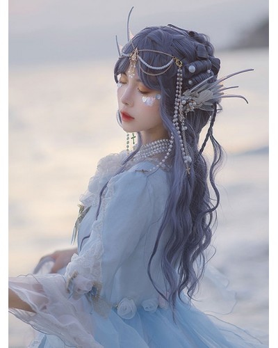 Lolita Wigs Blue Long Heat-resistant Fiber Lolita Accessories Sweet Harajuku Fashion ROCOCO Daily Casual Tea Party