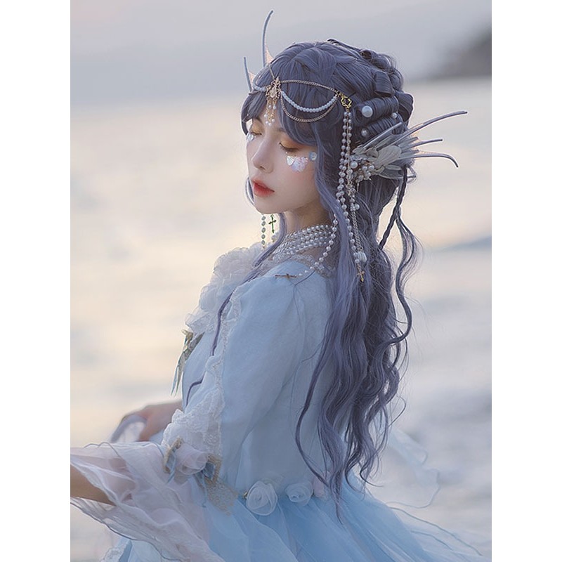 Lolita Wigs Blue Long Heat-resistant Fiber Lolita Accessories Sweet Harajuku Fashion ROCOCO Daily Casual Tea Party