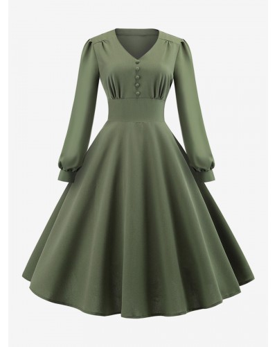 Dress 1950s Audrey Hepburn Style V-Neck Layered Long Sleeves Medium Swing Dress Vintage Daily Casual