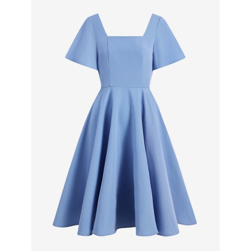 Women 1950s Audrey Hepburn Style Dress Light Sky Blue Short Sleeves Square Neck Rockabilly Dress Vintage Daily Casual