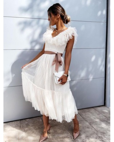 Lace Dresses White V-Neck Sleeveless Asymmetrical Ruffles Lace Up Casual Dresses Maxi Street Wear Indoor Field