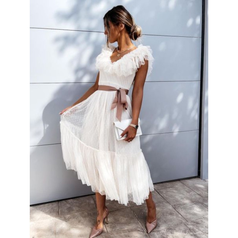 Lace Dresses White V-Neck Sleeveless Asymmetrical Ruffles Lace Up Casual Dresses Maxi Street Wear Indoor Field