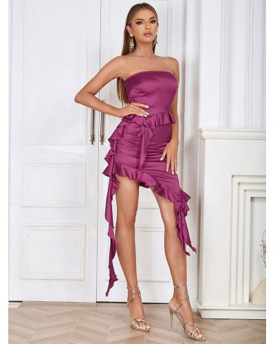 Women Party Dresses Magenta Strapless Ruffles Sleeveless Asymmetrical Semi Formal Dress Bodycon Summer