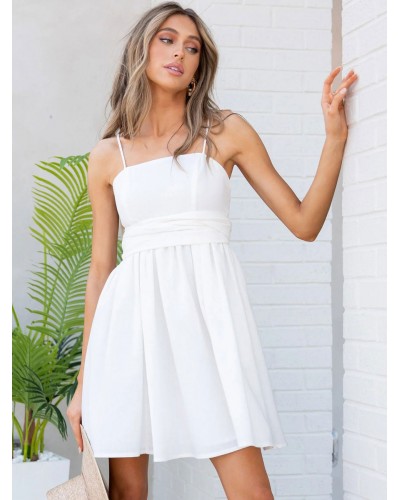 Women Dress Straps Neck Pleated White Short Beach Dress Mini Summer