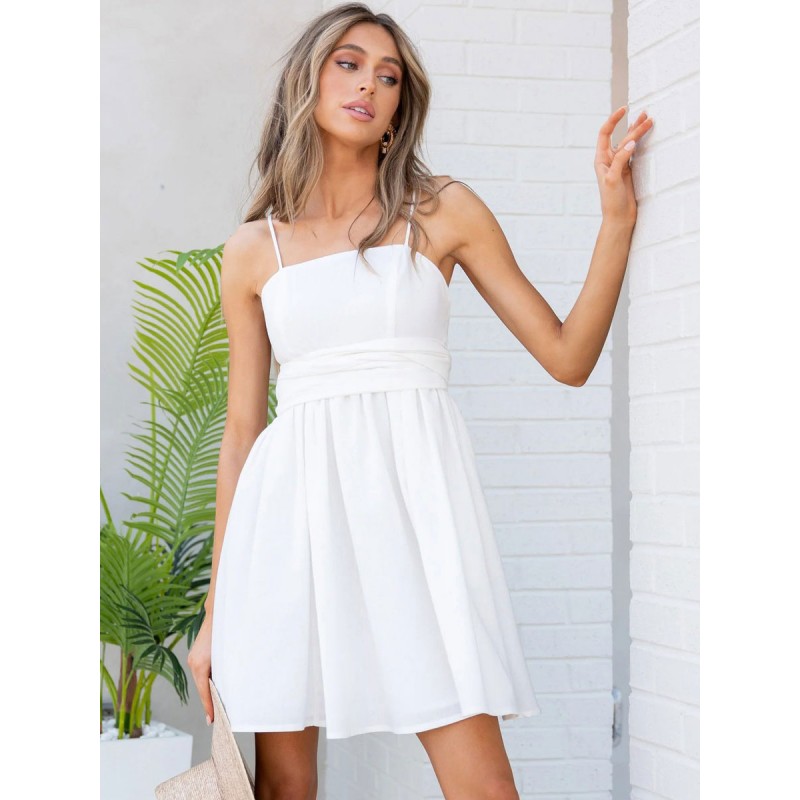 Women Dress Straps Neck Pleated White Short Beach Dress Mini Summer