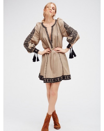 Women Boho Dress Deep V-Neck Light Brown Tassel Long Sleeves Embroidered Gypsy Beach Vacation Spring Summer Short Dress Bohemian Fall