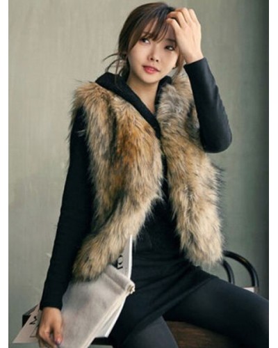 Women Camel Coat Sleeveless Faux Fur Jacket Faux Fur Vest