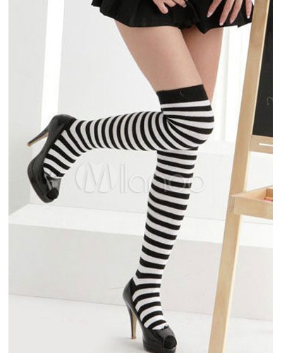 Women Halloween Black Stockings Stripes Print Over The Knee Cosplay Stockings Halloween