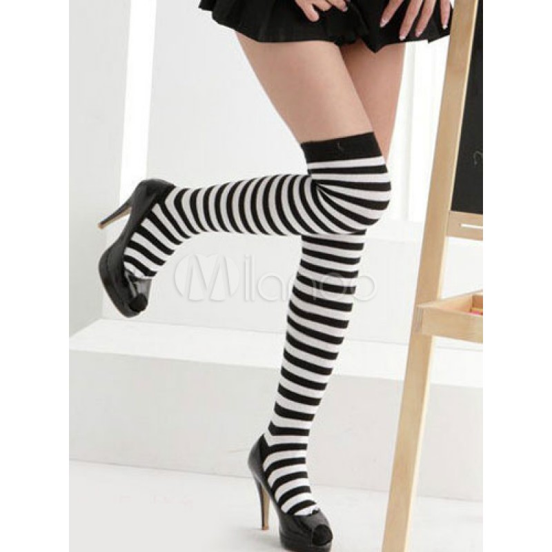 Women Halloween Black Stockings Stripes Print Over The Knee Cosplay Stockings Halloween