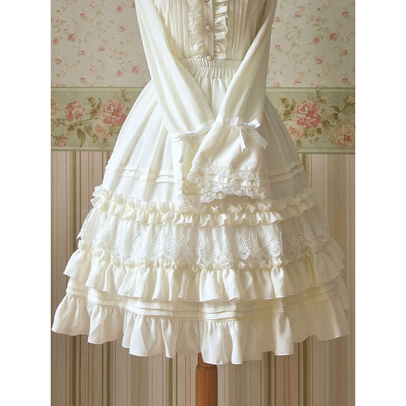 Lolita White Ruched Chiffon Lolita SK Dress For Women Sweet Spring Tea Party