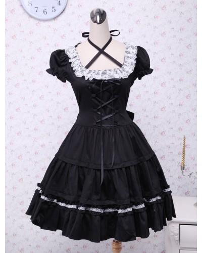 Cotton Black Lolita OP Dress Short Sleeves With Lace Up And White Lace Trim Summer Tea Party