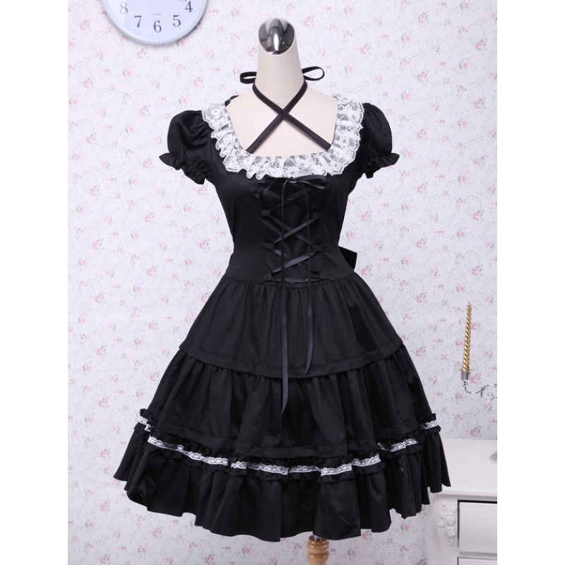 Cotton Black Lolita OP Dress Short Sleeves With Lace Up And White Lace Trim Summer Tea Party