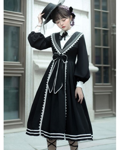 Academic Lolita OP Dress 2-Piece Set Bowknot Lace Up Black Long Sleeves Classical Lolita One Piece Dresses Outfit Classic  Traditional Spring Fall Winter Daily Casual