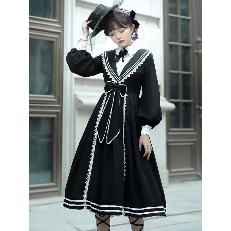 Academic Lolita OP Dress 2-Piece Set Bowknot Lace Up Black Long Sleeves Classical Lolita One Piece Dresses Outfit Classic  Traditional Spring Fall Winter Daily Casual