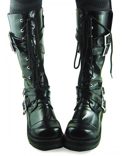 Gothic Black Lolita Boots Chunky Heels Shoelace Straps Buckles Daily Casual